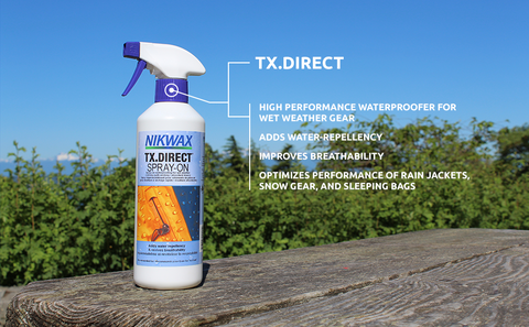 A detailed photo illustrating the techinical abilities of the NIKWAX TX Direct Spray On including adding extra water repellency and improving the breathability and performance of wet weather gear