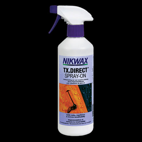 A product photo for the high performance spray on waterproofer NIKWAX TX Direct Spray On for adding Durable Water Repellency to wet weather gear