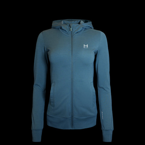 a product photo of the Women's Momentum Hoodie in Surreal Sky with Polartec odor control fabric
