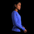fit photo for the womens pursuit long sleeve tech tee featuring quick dry materials in colorway lupine