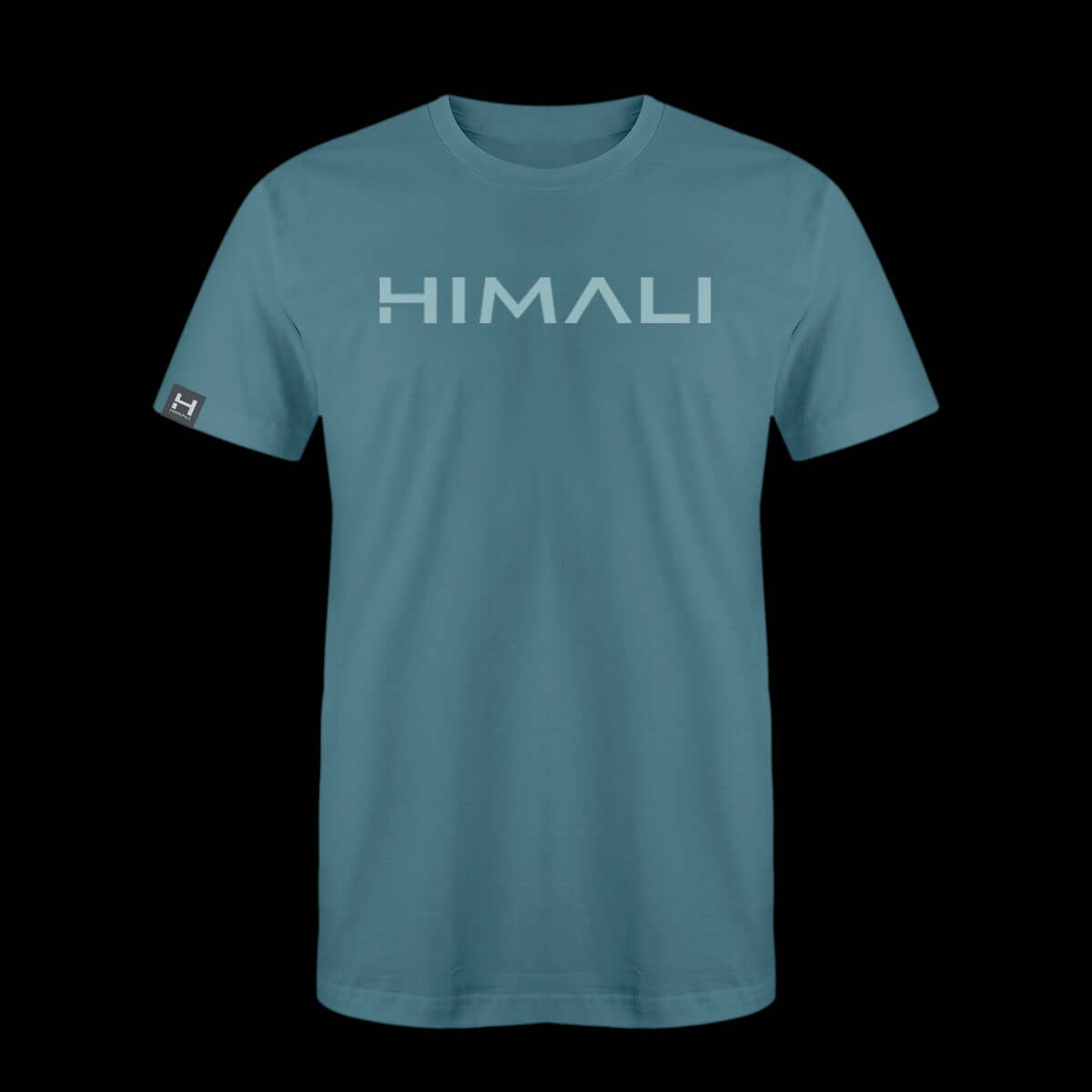 product photo of the mens pursuit short sleeve tech tee in colorway FROZEN BLUE with a large HIMALI logo written across the center chest