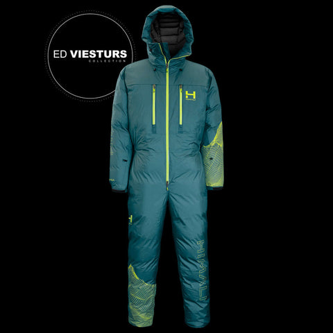 a product photo of the front of the HIMALI 8000m down suit made for 8000 meter peak expeditions