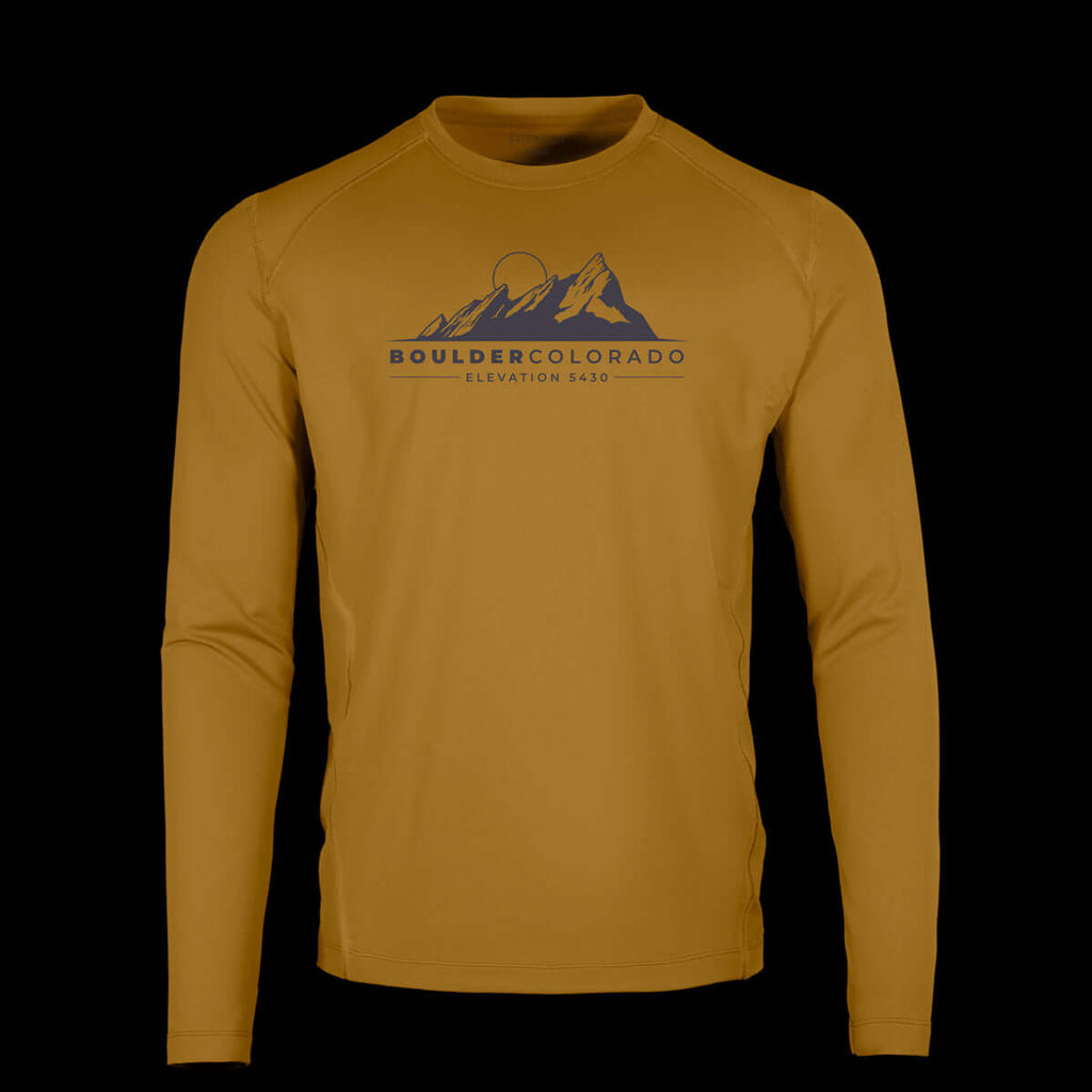 a product photo of a mustard tech tee with a print of the flaitrons in boulder colorado a product photo of a mustard long sleeve tech tee with a print of the flaitrons in boulder colorado