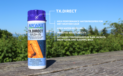 A detailed photo illustrating the techinical abilities of the NIKWAX TX Direct Wash In including adding extra water repellency and improving the breathability and performance of wet weather gear