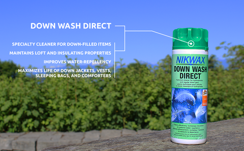 A detailed photo illustrating the technical abilities of the NIKWAX Down Wash Direct, including maintaining loft and insulating potential, improving water repellency and extending the life span of down filled products