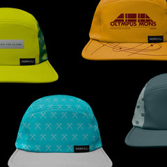 a combination of boulder performance 5 panel hats made with premium quick dry materials