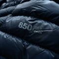 a close up detail photo of the screenprinted 850 fill power decoration on the sleeve of the HIMALI accelerator down jacket