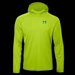 product image of a mens eclipse sun hoodie in the colorway ANTIfreeze highlighting the UV protective and breathable fabric