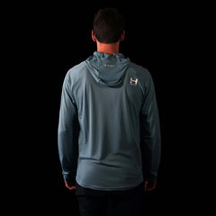 a fit photo of the back of the Mens Eclipse Sun Hoodie with UV protection in colorway Blue Fog