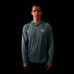 a fit photo of the front of the Mens Eclipse Sun Hoodie with UV protection in colorway Blue Fog