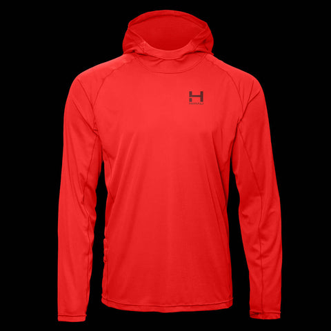 product image of a mens eclipse sun hoodie in the colorway Ignition Red hilighting the UV protective and breathable fabric