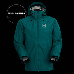 A product photo of the Men's Monsoon Hardshell 4-Season Waterproof jacket in the color Electric Teal made of a 20K/20K Waterproof Breathable Membrane