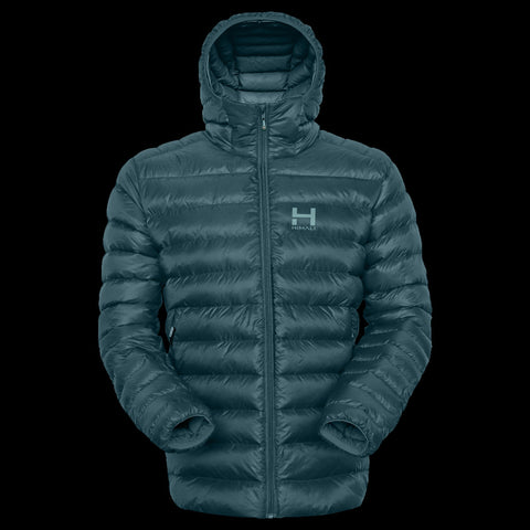 product photo of the mens hooded Peak 7 down jacket in colorway MOOONLIT TEAL with 700 fill power RDS certified HyperDry down jacket
