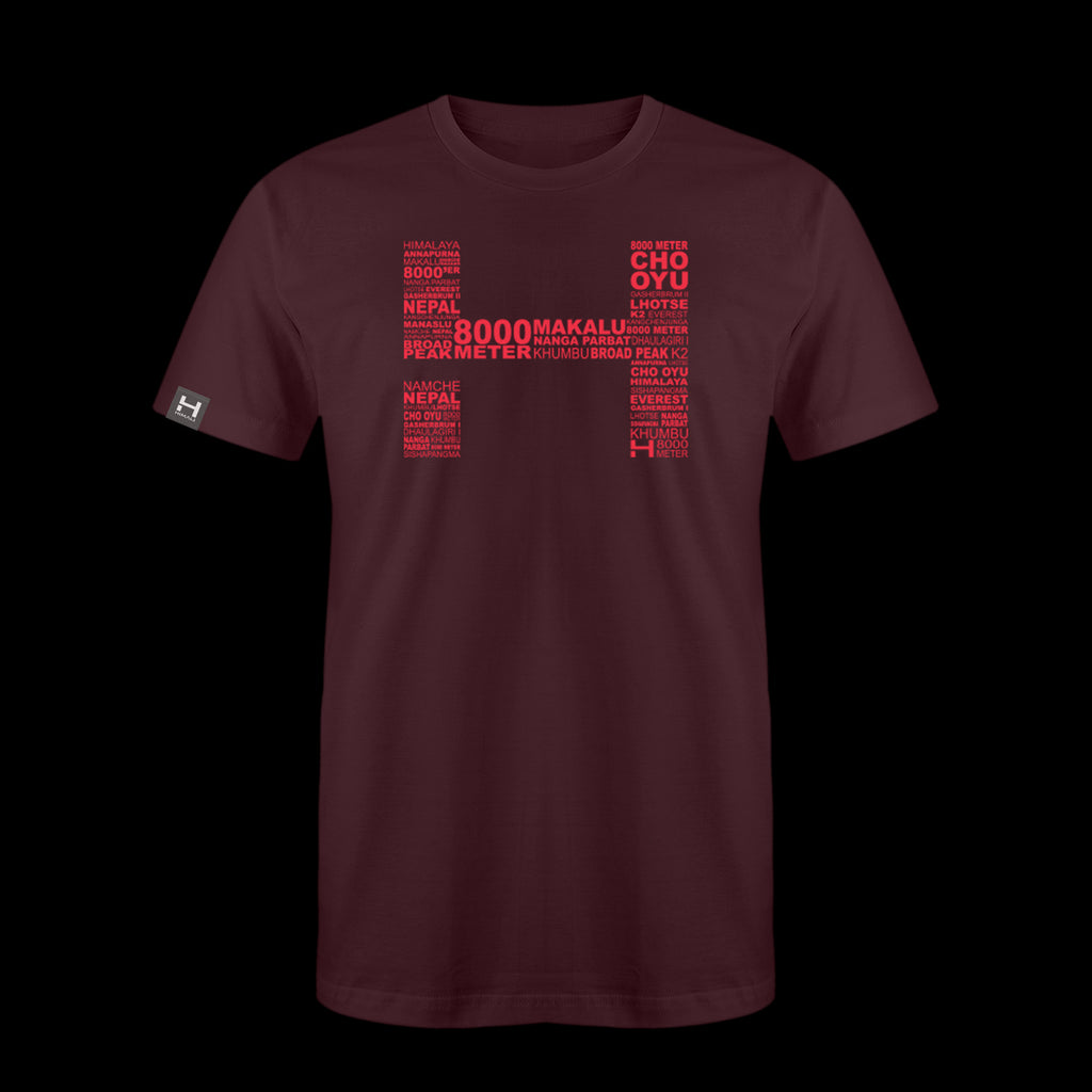 a produt photo of the mens 8000m tech tee in colorway HYPOXIC. The artwork has the names of all the 8000m peaks within the HIMALI 'H' logo