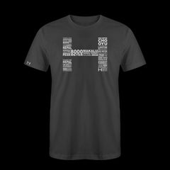 a produt photo of the mens 8000m tech tee in colorway CHARCOAL. The artwork has the names of all the 8000m peaks within the HIMALI 'H' logo