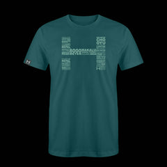a produt photo of the mens 8000m tech tee in colorway DARK TEAL. The artwork has the names of all the 8000m peaks within the HIMALI 'H' logo
