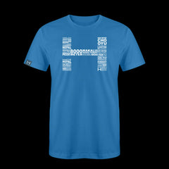 a produt photo of the mens 8000m tech tee in colorway FAR BLUE. The artwork has the names of all the 8000m peaks within the HIMALI 'H' logo