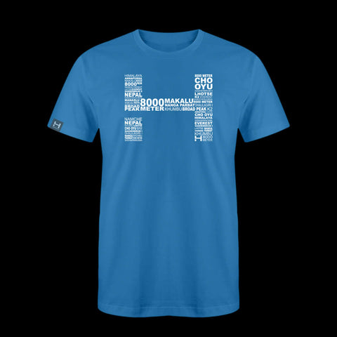 a produt photo of the mens 8000m tech tee in colorway FAR BLUE. The artwork has the names of all the 8000m peaks within the HIMALI 'H' logo