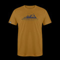 a product photo of a mustard tech tee with a print of the flaitrons in boulder colorado