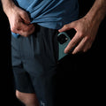 detailed fit photo of the zippered hand pocket on the mens pursuit workout shorts