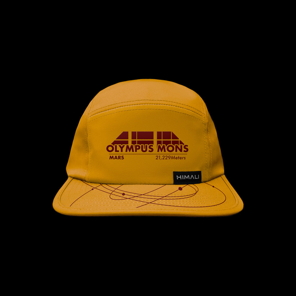 OLYMPUS MONS BOULDER HAT - MUSTARD - detail photo of a 5 panel hat with quick dry performance materials
