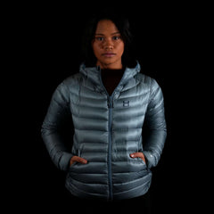 A fit photo of the womens Accelerator Down Jacket from the front.
