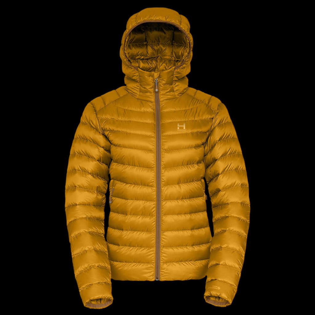 a product photo of the womens hooded accelerator down jacket in colorway GOLDEN HOUR with 850 fill power RDS certified HyperDry down jacket
