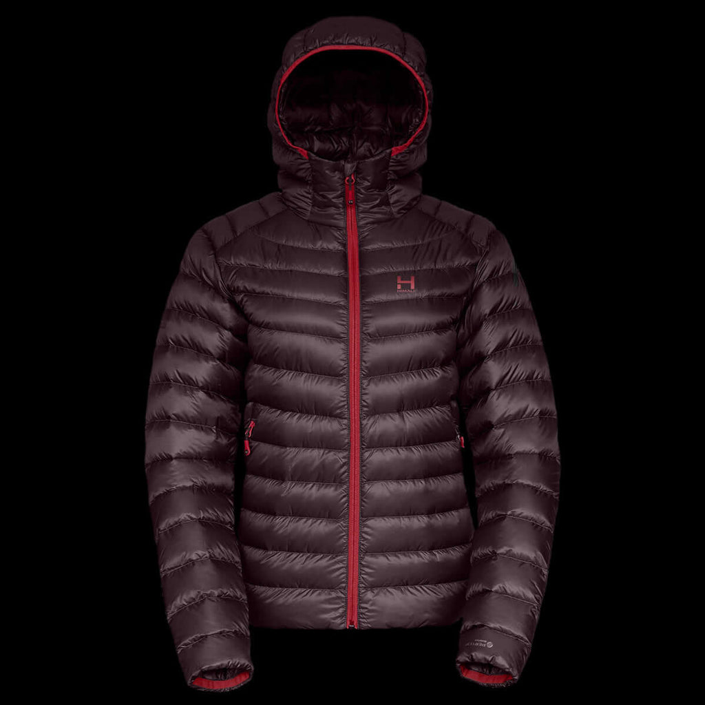 a product photo of the womens hooded accelerator down jacket in colorway HYPOXIC with 850 fill power RDS certified HyperDry down jacket