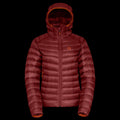 a product photo of the womens hooded accelerator down jacket in colorway MONK RED with 850 fill power RDS certified HyperDry down jacket