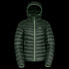 a product photo of the womens hooded accelerator down jacket in colorway MOONLIT SPRUCE with 850 fill power RDS certified HyperDry down jacket
