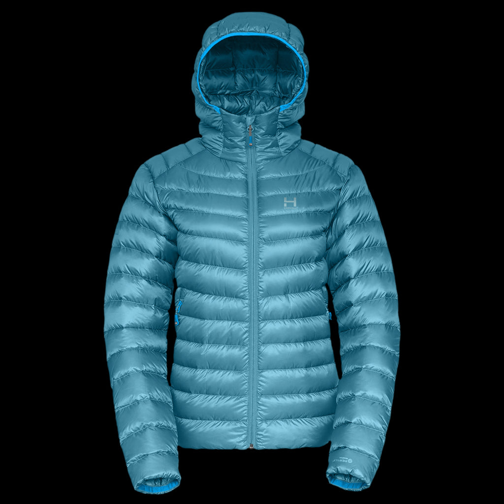 a product photo of the womens hooded accelerator down jacket in colorway STONE BLUE with 850 fill power RDS certified HyperDry down jacket
