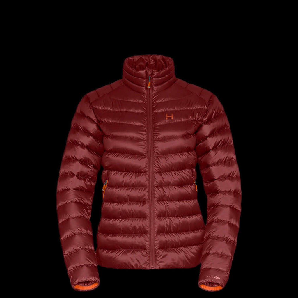 a product photo of the womens non-hooded accelerator down jacket in colorway MONK RED with 850 fill power RDS certified HyperDry down jacket