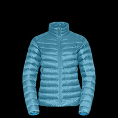 a product photo of the womens non-hooded accelerator down jacket in colorway STONE BLUE with 850 fill power RDS certified HyperDry down jacket