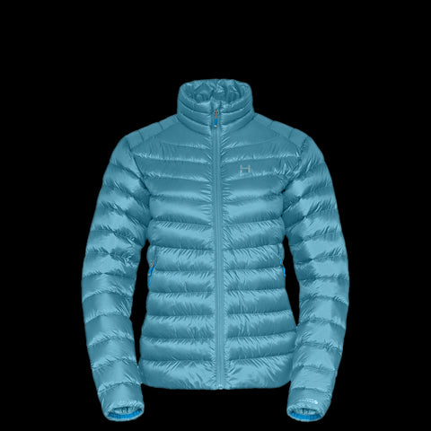 a product photo of the womens NONhooded accelerator down jacket in colorway STONE BLUE with 850 fill power RDS certified HyperDry down jacket