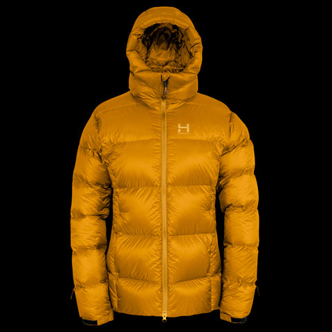 a product photo of the womens hooded altitude down parka in colorway Golden Hour with 850 fill power RDS certified HyperDry down jacket