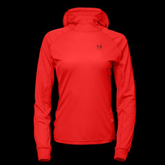 product image of a womens eclipse sun hoodie in the colorway Ignition Red hilighting the UV protection and breathable fabric
