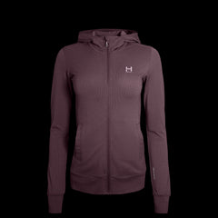 a product photo of the Women's Momentum Hoodie in Mountain Plum with quick drying Polartec odor control fabric
