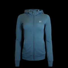 a product photo of the Women's Momentum Hoodie in Surreal Sky with Polartec odor control fabric