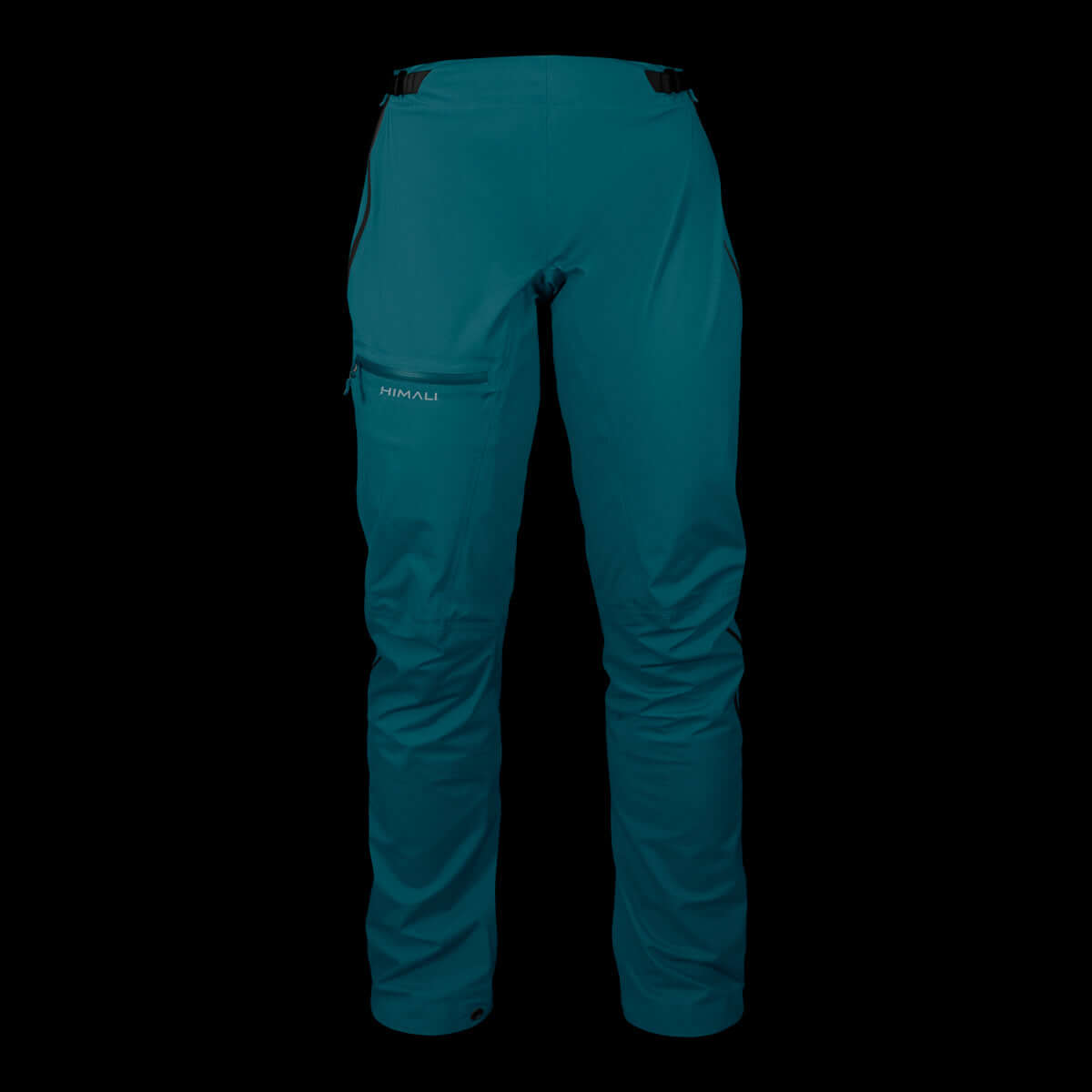 A product photo of the Women's Monsoon Hardshell 4-Season Waterproof pants in the color Electric Teal made of a 20K/20K Waterproof Breathable Membrane