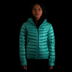 A fit photo of a person wearing the hooded peak 7 down jacket