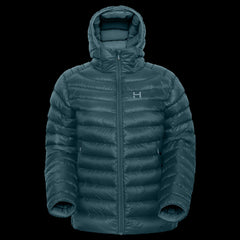product photo of the womens hooded Peak 7 down jacket in colorway MOONLIT TEAL with 700 fill power RDS certified HyperDry down jacket