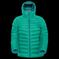 product photo of the womens hooded Peak 7 down jacket in colorway ARCTIC MINT with 700 fill power RDS certified HyperDry down jacket