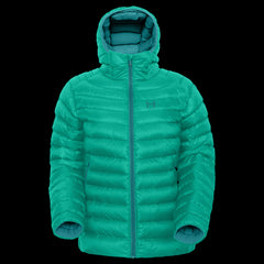 product photo of the womens hooded Peak 7 down jacket in colorway ARCTIC MINT with 700 fill power RDS certified HyperDry down jacket
