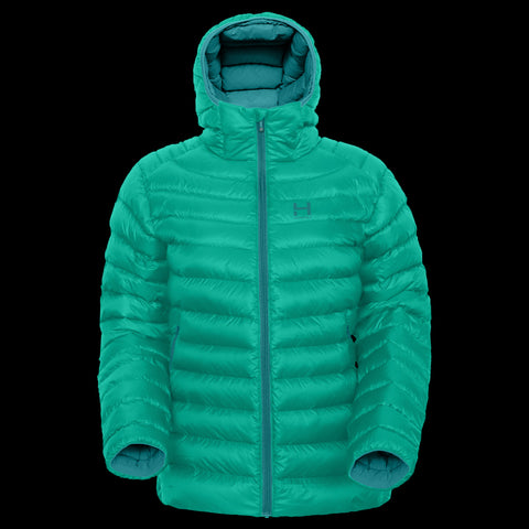 product photo of the womens hooded Peak 7 down jacket in colorway ARCTIC MINT with 700 fill power RDS certified HyperDry down jacket