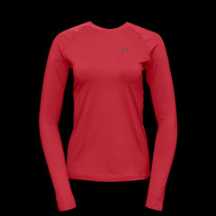 product photo of the womens pursuit long sleeve tech tee in colorway HORIZON RED with a small HIMALI logo on the left chest