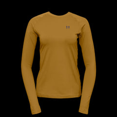 product photo of the womens pursuit long sleeve tech tee in colorway MUSTARD with a small HIMALI logo on the left chest