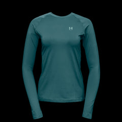 product photo of the womens pursuit long sleeve tech tee in colorway DARK TEAL with a small HIMALI logo on the left chest