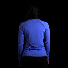 fit photo for the womens pursuit long sleeve tech tee featuring quick dry materials in colorway lupine