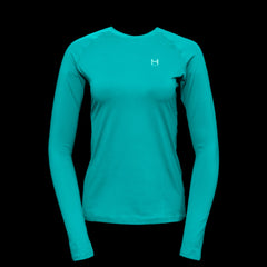 product photo of the womens pursuit long sleeve tech tee in colorway ELECTRIC MINT with a small HIMALI logo on the left chest