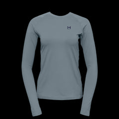 product photo of the womens pursuit long sleeve tech tee in colorway ICEMELT with a small HIMALI logo on the left chest